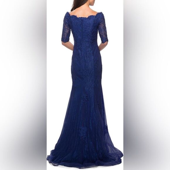NWT La Femme Beaded V-Neck Lace Gown blue Maxi Dress Women Size 8 $639 - Picture 5 of 15